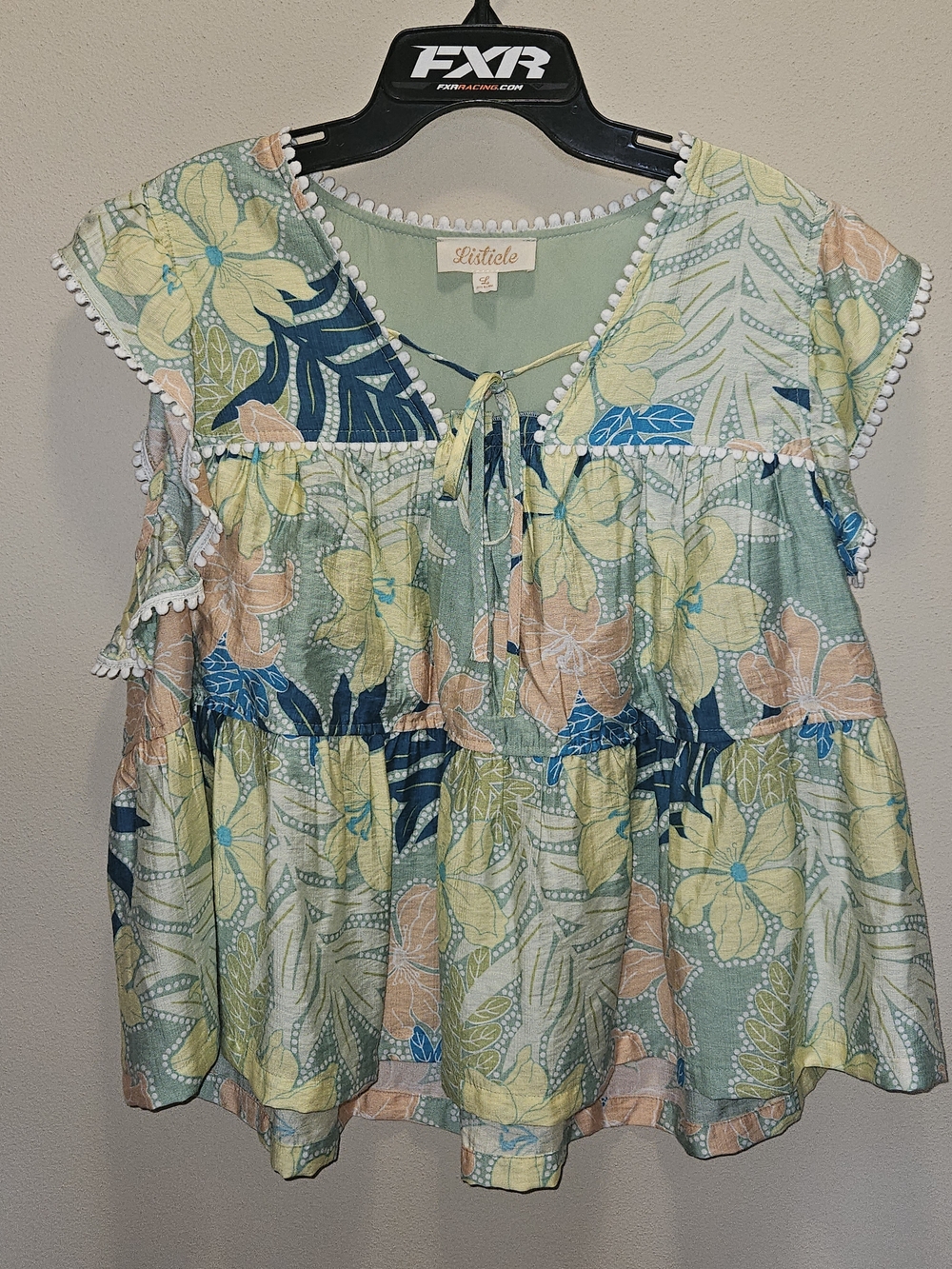 Listicle Mint Floral Tie-Front Peasant Baby Doll Top with Pom-Pom Trim